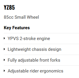 Yamaha YZ85 Small Wheel 2026
