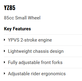 Yamaha YZ85 Small Wheel 2024